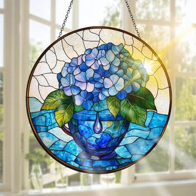 Handgemaakte Raamdecoratie met Hortensia Motief - Perfect voor Tuin, Binnen en Buiten, Kerstfeest, 20 x 20 cm, Unieke Bloemdecoratie, Kleurige Glasramen