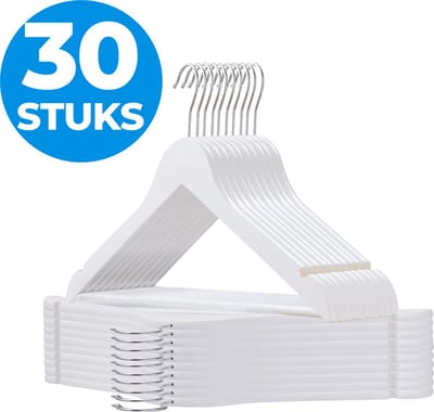 ACAZA Kledinghangers - Kleerhangers - Broekhanger - 30 Stuks - Volwassenen - 100% FSC-Gekeurd Duurzaam Hout - Anti Slip - Wit