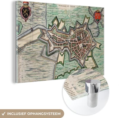 MuchoWow® Glasschilderij 60x40 cm - Schilderij acrylglas - Kaart - Bergen op Zoom - Antiek - Foto op glas - Schilderijen
