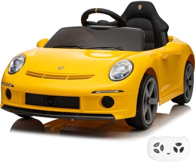 RUF GT Elektrische Kinderauto 12V 1 tot 5 jaar – Officieel Gelicentieerde RUF Porsche Replica met Afstandsbediening – Luxe Sportwagen met Lederen Zitje, EVA-Wielen & Bluetooth – Geel