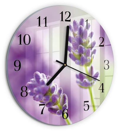 Tulup Wandklok - Lavendel Gekleurde Glazen Klok - 30fi cm - Paars Glazen Klok Met Print - Zwarte Handen - Ronde Wandklok - Klok Glas Met Opdruk - Moderne Wandklok Glas