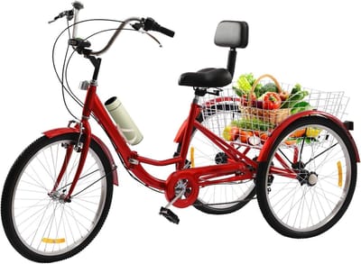 Driewieler Fiets - Opvouwbare Trike - Stad en Strand - Hoge Laadcapaciteit - 24 Inch Wielen - Rood