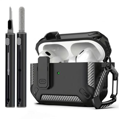 Zwart robuust hoesje voor oordopjes met carbon look geschikt voor AirPods Pro 2 inclusief schoonmaakset en karabijnhaak – schokbestendig en duurzaam