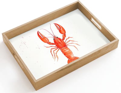 Dienblad hout 40x30 cm - Schootdienblad - Kreeft - Waterverf - Aquarel - Oranje - Borrelplank rechthoek - Plateau dienbladen