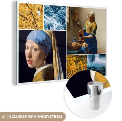 MuchoWow® Glasschilderij 60x40 cm - Schilderij acrylglas - Vermeer - Collage - Melkmeisje - Foto op glas - Schilderijen