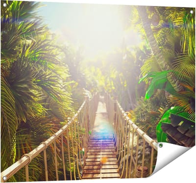 Gards Tuinposter Houten Brug in de Tropische Jungle - 100x80 cm - Tuindoek - Tuindecoratie - Wanddecoratie buiten - Tuinschilderij