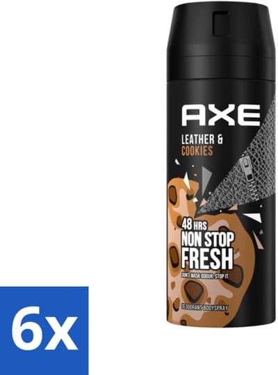 6 x Axe - Deodorant Bodyspray - 48hrs Fresh - Leather & Cookies - 150 ml - 48 Uur Deodorant - Deodorant Spray - Mannelijke Deodorant - Axe Deodorant - Leer Geur