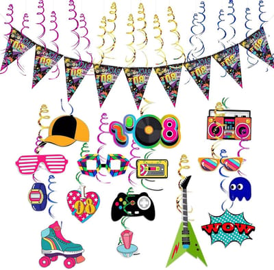 Retro Disco Feestdecoratie Set – 15 Hangende Swirls, 10 Driehoekige Vlaggen en 18 Decoratieve Spiralen voor een Kleurrijk 70's Thema – Perfect voor Verjaardagsfeesten en Retro Evenementen