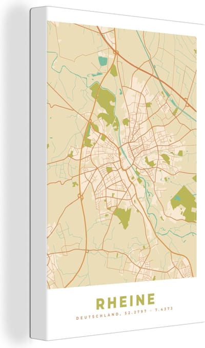 Canvas Schilderij Plattegrond - Stadskaart - Rheine - Kaart - Vintage - 20x30 cm - Wanddecoratie