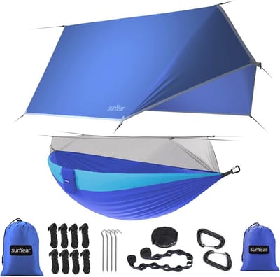 Camping Hangmat met Net en Regen Tarp - Lichtgewicht Enkel & Dubbel Nylon Parachute Hangmat voor Backpacken en Reizen