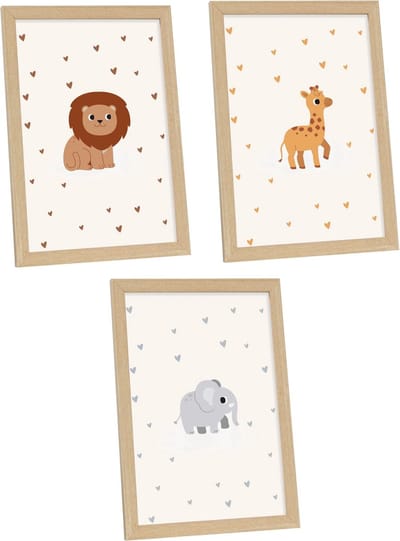 Deknudt Frames - ingelijste poster voor kinderkamer - 3 posters 20x30cm in naturel kader - leeuw, giraf en olifant - babykamer decoratie - dieren posters