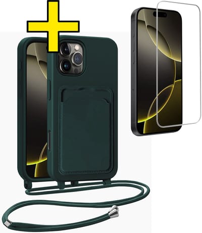 Hoesje Geschikt voor iPhone 16 Pro Telefoonhoesje Met Koord Case Pashouder Met Screenprotector Siliconen - Hoes Geschikt voor iPhone 16 Pro Hoesje Met Kaarthouder - Donkergroen