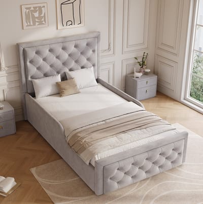 MIVRAY Kinderbed 90x200 cm Zonder Matras - Eenpersoons Hydraulisch Opbergbed Met Hoofdbord En Lattenbodem - Fluweel - Grijs