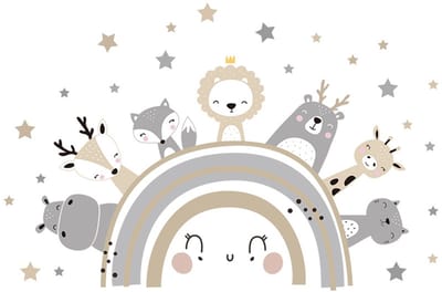 Wandsticker Dieren - Zelfklevende Dieren Decoratie voor Kinderkamer - 70x49 cm - Kleurrijke Muursticker met Dierfiguren voor Babykamer en Peuterruimte - Nijlpaard - Giraffe - Leeuw