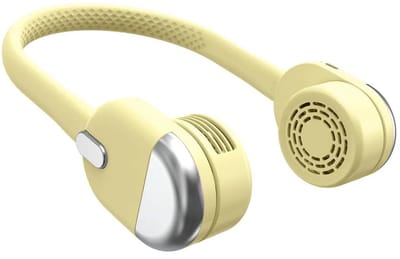 Oplaadbare nekventilator, 360° draaibaar, dubbele turbines, 3 windsnelheden, raakt het haar niet in de war, geschikt voor sporten en reizen, geel.