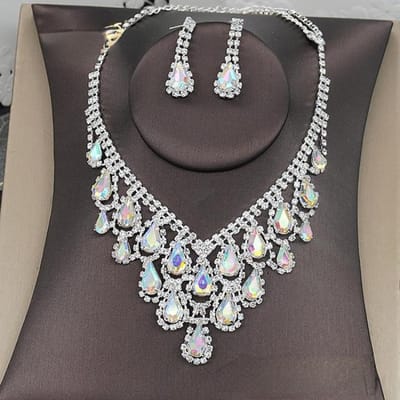 Bruidskristallen volledige diamanten ketting oorbellen tweedelige set prachtige high-end knoop trouwjurk ketting accessoires gray