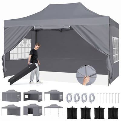 Partytent opvouwbaar - Paviljoen - 3 x 4,5 m - Easy up - Waterdicht - Met Zijwanden - Weerbestendig - Grijs