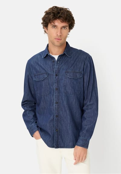 camel active Overhemd met lange mouwen in denimlook - Maat menswear-S - Donker blauw