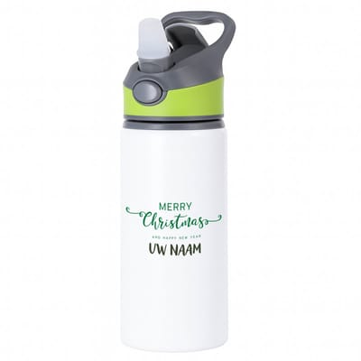 Hacebo® - Kerst merry christmas and happy new year met eigen naam waterfles met rietje groen - Kerstmis - Kerst beker - winter - kerst - christmas - kerst cadeau - water fles - 650ML
