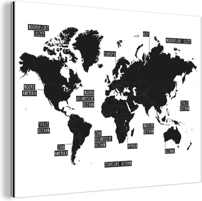 Aluminium schilderij 160x120 cm - Wanddecoratie metaal - Wereldkaart - Zwart - Wit - Metalen muurdecoratie woonkamer - Decoratie industrieel - Foto op dibond - Industriële accessoires slaapkamer