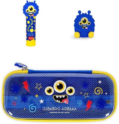 Legami - Wonderwow pennenetui, 2 vakken en pennenhouder binnen, binnenvak met netstof, ritssluiting, 23 x 11 x 5 cm, blauw, 23 x 11 x 5 cm, Monster + lijmstift en puntenslijper