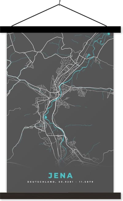 Posterhanger incl. Poster 40x60 cm - Schoolplaat - Stadskaart – Kaart – Jena – Blauw – Duitsland – Plattegrond - Textielposter - Zwarte latten - Stadskaart