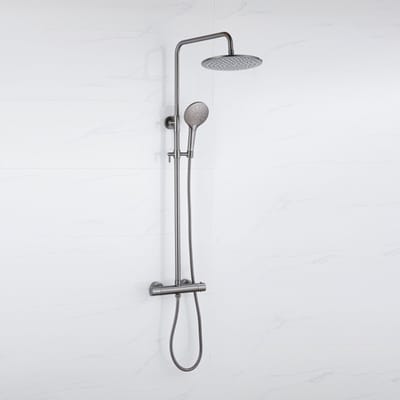 FugaFlow Eccelente Acces Regendoucheset - thermostatisch - 25cm hoofddouche - metalen slang - ronde handdouche - Geborsteld Gunmetal PVD