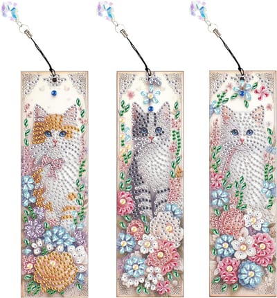 3 x Boekenleggers met Diamant Schilderkunst voor Katten en Bloemen - Glanzende Strass Marker voor School en Creatieve Projecten