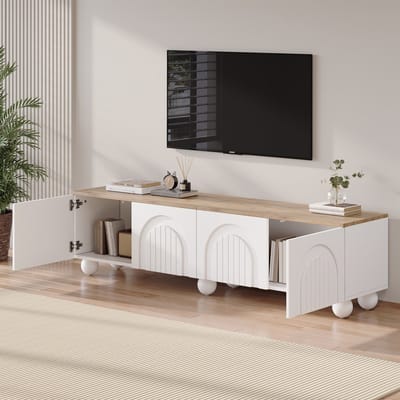MODENUIT Tv-Meubel - 4 Deuren Met Opbergruimte - Voor Tv Tot 80 Inch In Woonkamer - MDF Wit Eiken - 180x40x45 Cm