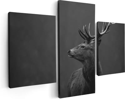 Artaza Canvas Schilderij Drieluik Hertenkop - Hert - Zwart Wit - 90x60 - Foto Op Canvas - Canvas Print