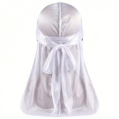 Witte satijnen durag voor heren en dames – glanzende hoofddoek met lange staarten en striksluiting – ademend haar accessoire voor dagelijks gebruik