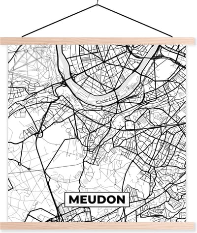 Posterhanger incl. Poster 40x40 cm - Schoolplaat - Plattegrond - Meudon - Kaart - Frankrijk - Stadskaart - Zwart wit - Textielposter - Blanke latten - Stadskaart