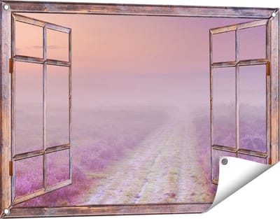 Gards Tuinposter Doorkijk Pad in de Weide tijdens de Mist - 90x60 cm - Tuindoek - Tuindecoratie - Wanddecoratie buiten - Tuinschilderij
