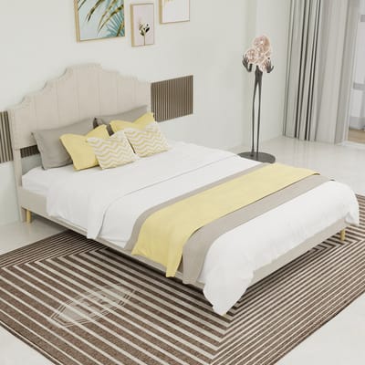 DESMIU Gestoffeerd Bed 140x200cm Zonder Matras Moderne Hoofdbord Met Geometrisch Design Stevig Lattenbodem Frame Voor Slaapkamer Beige