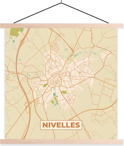 Posterhanger incl. Poster 40x40 cm - Schoolplaat - Kaart - Retro - Stadskaart - Plattegrond - Nijvel - Textielposter - Blanke latten - Stadskaart