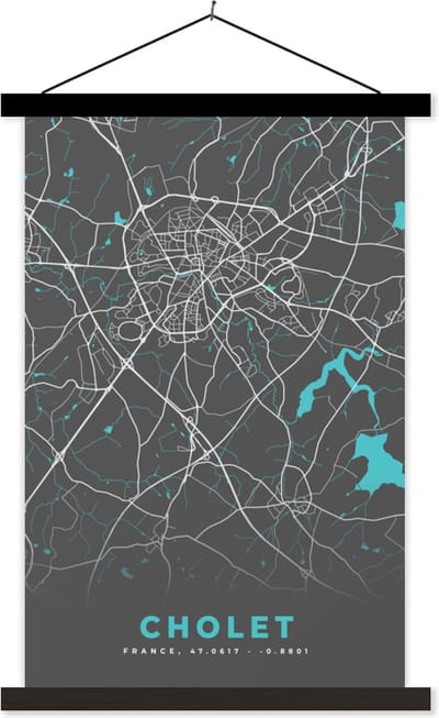 Posterhanger incl. Poster 40x60 cm - Schoolplaat - Kaart - Plattegrond - Stadskaart - Frankrijk - Cholet - Textielposter - Zwarte latten - Stadskaart