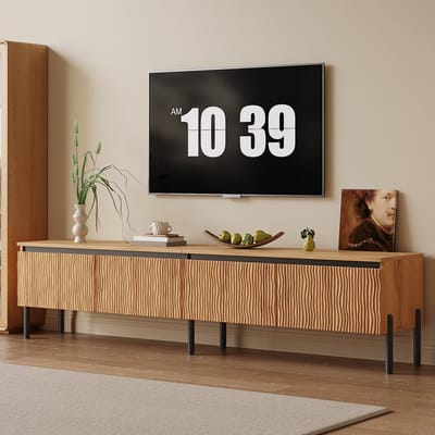 HAUSS SPOLE Dressoir - TV Meubel Met 4 Golvende Deuren En Kabeldoorvoer - Voor Woonkamer - MDF En Spaanplaat - 180x35x43 Cm - Naturel