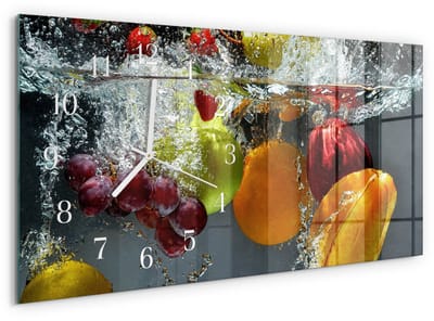Tulup Wandklok - Fruit Wandklok Glas Decoratie - 60x30 cm - Veelkleurig Gekleurde Glazen Klok - Witte Handen - Rechthoekige Wandklok - Glazen Wandklok Design - Klok Glas Met Opdruk