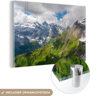 ® Glasschilderij 180x120 cm - Schilderij acrylglas - De Zwitserse Alpen met daarop de bekende berg Schilthorn - Foto op glas - Muurdecoratie woonkamer - Wanddecoratie slaapkamer - Schilderijen