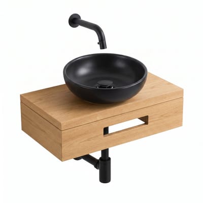 Saniclass Terra Fonteinplank - 40x25x10cm - met handdoekhouder - waskom (zwart) - fonteinkraan - afvoerplug - sifon - sandwood (licht eiken)