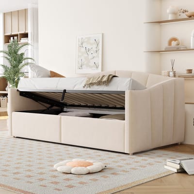 REDOM Slaapbank 90x200 cm – Beige Gestreept Fluweel – Met Hydraulische Opbergruimte – Dagbank met Rug- & Armleuningen – 250 kg