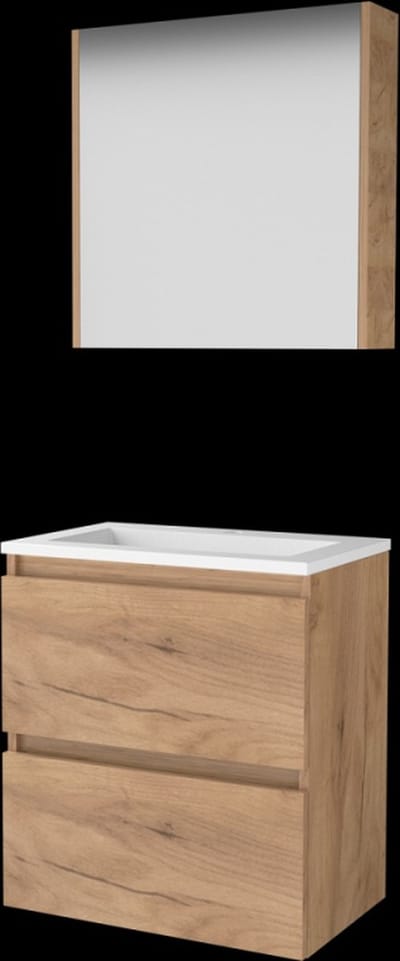 Basic Comfort 39 badmeubelset met spiegelkast, greeploze wastafelonderkast met 2 lades en porseleinen wastafel met 1 kraangat 60 x 39 cm, whisky oak