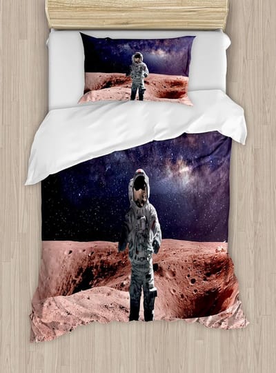 ABAKUHAUS Galaxy dekbedovertrekset voor eenpersoonsbedden, afbeelding van een dappere astronaut op Mars, inclusief kussensloop, 130 x 200 cm