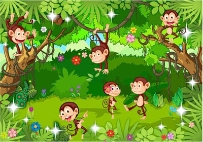 Fotobehangkoning - Behang - Vliesbehang - Fotobehang - Vrolijke Apen in de Jungle - Kinderbehang Monkey Tricks - 150 x 105 cm