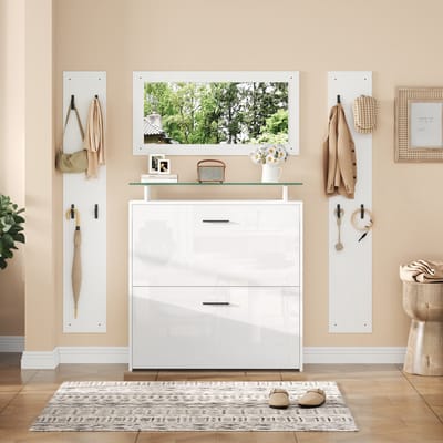 MODFU - 4-Delige Garderobeset - Schoenenkast Met Spiegel En 8 Haken - Minimalistisch - Hal - Spaanplaat En Glas - Wit - 89,5 X 23 X 96,5 Cm