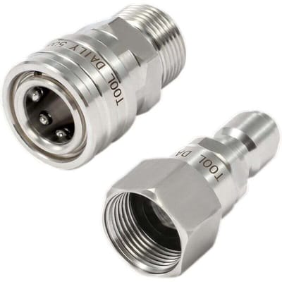 Adapterset geschikt voor hogedrukreiniger met draaikoppeling, M22 (14 mm) naar 3/8 inch snelkoppeling, roestvrijstalen constructie, geschikt voor hogedrukreinigerslangen, drukbestendig tot 5000 PSI.