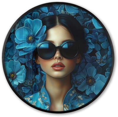 Poster in lijst Rond - Fotolijst 60x60 cm - Posters - Vrouw - Bloemen - Blauw - Aesthetic - Luxe - Ronde posterlijst zwart - Decoratie - Wanddecoratie woonkamer - Muurdecoratie slaapkamer