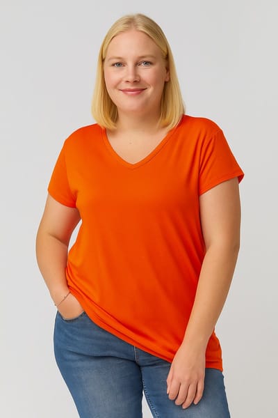 Dames 2XL V-Hals Basic Kortemouw T-Shirt XXL in Grote Maten, Oranje