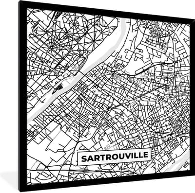 Fotolijst incl. Poster Zwart Wit- Sartrouville - Stadskaart - Frankrijk - Kaart - Plattegrond - Zwart wit - 40x40 cm - Posterlijst