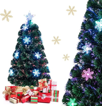 COSTWAY kunstkerstboom met verlichting 90 cm - Volle LED kerstboom - met glasvezel kleurwisselaar & ster top & 12 LED-sneeuwvloklampjes- 85 PVC Takken